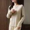 Novo Suéter de Lã com Gola Redonda para Mulheres Outono/Inverno 2026, Blusa Casual de Tricô Solta com Manga Longa, Fio Brilhante e Design de Botão nos Punhos