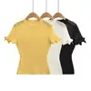 CL2650-26 Camiseta de Punto de Manga Corta Lisa de Cuello Redondo con Huecos y Nudo de Mariposa Estilo Coreano de Verano para Mujer