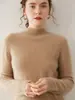 Suéter de cachemira suave y cómodo para mujer, con cuello semi-alto, color liso, tejido de punto de doble hebra de siete agujas, base gruesa, top básico versátil que estiliza la figura