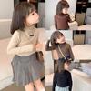 Camiseta Básica para Niña 2025 Primavera y Otoño Color Sólido Cuello Alto Camiseta de Manga Larga Estilo Infantil Espesa Cepillada Elástica Top de Invierno