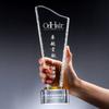 Trofeo estrella de cinco puntas creativo encurtido corte trapezoidal esquina inferior cristal empresa empleados destacados premio producción letras