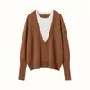 Suéter de Cashmere Feminino Falso Duas Peças Combinando Cores Outono/Inverno 2025 Novo Suéter Base de Cashmere Suéter de Tricô Casual