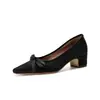 Sapatos Elegantes Estilo Francês com Laço, Boca Rasa, Salto Grosso 4cm Feminino, Nova Coleção Primavera e Outono, Retro, Estilo Chanel, Cetim, Luxo Leve, Salto Alto