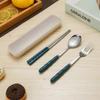 Conjunto de Talheres de Bambu Portátil para Viagem ao Ar Livre para Estudantes, Conjunto de Três Peças com Colher, Garfo e Hashi de Aço Inoxidável