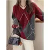 Suéter de punto suave y elegante con bloques de color y patrón de rombos para mujer en otoño e invierno, una sensación cómoda y relajada, top suave