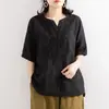 Camisa Bordada de Algodón y Lino Nueva de Verano para Mujer, Suéter Holgado Artístico con Mangas Cortas Bordadas, Cuello en V Abotonado, Camiseta de Tallas Grandes