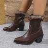 Botas de Exportación Transfronteriza Talla Grande para Mujer 2025 Nuevas Botines de Tacón Grueso Tacón Medio Botines Cortos Plisados Tacón Alto Punta Redonda Botas Vaqueras Western