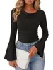 Camiseta de manga larga de punto acanalado con microcampana y cuello redondo, nueva moda de otoño/invierno europea y americana, estación independiente de Amazon transfronteriza