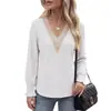 Amazon Comercio Exterior Transfronterizo Europeo y Americano 2026 Otoño e Invierno Nuevo Color Sólido Cuello en V Encaje Patchwork Holgado Manga Larga Camiseta Top