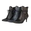 Botas femininas Martin de bico fino para outono e inverno, com solado de borracha, cadarço, cor sólida versátil, novo modelo de salto alto baixo