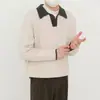 Suéter de cuello polo acanalado, con bloques de color y estilo vintage para hombre, ajuste casual y relajado, suéter de punto suelto para otoño e invierno