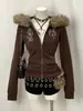 Cárdigan Chaqueta de Millennial Y2K con Cuello Grande de Piel Bordado de Tótem Retro Marrón Ajustado Adelgazante Sudadera con Capucha de Chica Hot