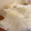 Juego de Ropa de Cama Romántico Estilo Francés Femenino Clase A Ultra Suave Algodón Tencel de Cuatro Piezas con Funda Nórdica de Encaje Plisado para Todas las Estaciones