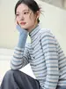 Suéter de punto a rayas azules estilo coreano para mujer, diseño de primavera y otoño, cárdigan de cuello alto, top de capa base