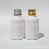 Frasco branco de 50ml com tampa de alumínio, curto e largo, para loção, óleo essencial, hidrolato, removedor de maquiagem, com tampa de rosca de alumínio