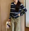 Suéter Cárdigan Pulóver Retro Patchwork Color Block Rayas Finas, Ajuste Holgado Casual, Tejido Versátil de Moda, Estilo Coreano Adelgazante