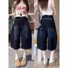 Calça Jeans Feminina Verão Retro Americano Bordado de Letras Perna Larga Corte Tesoura High Street Versátil Reta Patchwork Cargo Sete Pontos