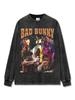 Camiseta de Manga Curta High Street Hip-Hop Retro Transfronteiriça com Estampa Bad Bunny Hip-Hop Americano Gola Pequena Pesada de Marca Tendência