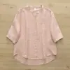 Novo Cardigã de Verão com Gola Alta e Mangas de Cinco Pontos Versátil Emagrecedor Algodão Linho Manga Média Camisa Casual Top de Manga Curta Feminino