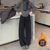 Calças Casuais Cinza Escuro de Perna Larga para Mulheres, Novo Estilo Outono e Inverno, Tamanho Grande, Corpo em Formato de Pera, Versátil, Emagrecimento, Caimento Fluido, Calças Longas Estilo Cimitarra