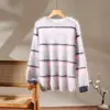 Suéter de Cashmere Color Block Listrado para Mulheres, Gola Redonda Tricô Pulôver, Lã Felpada, Puro Caimento Solto, Pulôver Color Block, Cor da Foto
