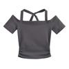 T-shirt Sexy Feminina de Verão Nova, Manga Curta, Gola com Cadarço, Ombro a Ombro, Cor Sólida, Slim Fit, Top Curto