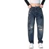 Calça jeans bordada rasgada retrô estilo americano, moderna, com patch antigo, nova, solta, rasgada, bonita, reta, alta, estilo harém