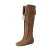 Botas Femininas de Camurça com Franjas Botas de Equitação Outono Inverno Novas Couro Genuíno Bico Redondo Solado Plano Cadarço Botas Acima do Joelho Botas de Férias Femininas
