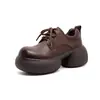Jiezhou 2026 Otoño Nuevo Modelo Piel de Vaca Capa Superior Punta Redonda Suela Gruesa Cierre Frontal con Cordones Zapatos de Una Sola Pieza Estilo Retro Versátiles para Viajes Diarios Zapatos de Mujer