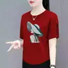 Camiseta de Manga Curta com Etiqueta Cortada de Marca de Estoque Excedente de Comércio Exterior Transfronteiriço para Mulheres, Roupas Femininas Largas Plus Size, Roupa para Mães de Meia-Idade, Manga Meia-Manga