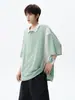 Camiseta Retrô Color Block de Manga Curta para Homens, Camisa Polo de Seda de Gelo Fina de Manga Meia-Manga para o Verão, Camiseta Jovem Plus Size de Manga Três Quartos