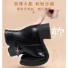 Botas Femininas Pretas de Salto Grosso com Zíper Lateral Forradas com Pelúcia Quentes Moda Tendência Outono/Inverno Zíper de Metal Bico Redondo Modelo Estiloso