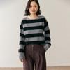 Suéter de Tricô Cashmere Listrado Color Block Outono/Inverno 2025 para Mulheres, Suéter de Ombro a Ombro Estilo Solto Preguiçoso, Peça Superior Grossa de Sete Fios