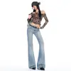 2026 Principios de Otoño Diseño Transfronterizo Ojo de Gato de Color Claro Jeans Bordados de Cintura Baja Ajustados Ligeramente Acampanados Pantalones Largos Azul Claro