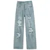 Calça Jeans Rasgada de Cintura Alta para Mulheres, Estilo Fino Primavera/Verão, Novo Modelo 2026, Corte Reto Largo, Emagrecimento, Caimento Fluido, Calça Wide Leg Comprida
