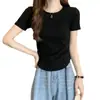 Camiseta de algodón acanalada de manga corta para mujer con hombros normales, cuello redondo, color liso, verano, dobladillo irregular, corte ajustado, top versátil, estilo ins