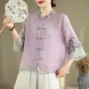 Camisa vintage bordada de algodón y lino para mujer, cárdigan de botones, top de tres cuartos, estilo chino, holgada y favorecedora.