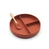 Prato de silicone infantil com ventosa grande, prato de jantar de peça única, prato dividido para comida complementar, colher e garfo de cabo de madeira para bebê, atacado