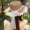 Sombrero de paja con lazo de cinta de malla de encaje de verano para viajes y vacaciones, sombrero de playa redondo versátil para mujer