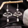 Pendientes Nacionales de Moda Estilo Chino Nuevo con Borla de Perlas en Forma de Abanico para Mujer Pendientes Retro Estilo Chino con Cierre de Seguridad Pendientes para Ropa Antigua Hanfu