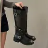 Botas de Caballero Retro Estilo Nuevo Adelgazantes Tacón Grueso Botas Altas Otoño e Invierno Mezclilla Lavada Apiladas Botas Largas Hebilla de Cinturón Western