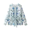 Venta al por mayor transfronteriza Otoño e Invierno 2024 Nuevo Moda Europea y Americana Azul Estampado Con cordones en la cintura Abrigo de algodón Holgado y Versátil Chaqueta de algodón