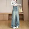 Jeans de pierna ancha con pedrería azul claro para mujer, nuevo estilo otoño 2026, versátiles de cintura alta, que cubren la cadera, diseño rasgado, pantalones de largo hasta el suelo