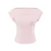 Camiseta casual raglán de manga corta elástica, estilo nicho ajustado, cuello barco para mujer, top simple de verano ajustado