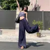 Pantalones Casuales de Lino Tencel Azul Profundo para Mujer Verano Estilo Delgado 2026 Nuevos Pantalones de Pierna Ancha Sueltos y Caídos de Longitud Completa