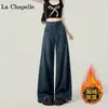 Jeans de Cintura Alta Pierna Ancha para Mujer Moda Otoño e Invierno Novedad Casual Holgados Rectos Forrados de Polar Primavera y Otoño