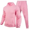 Conjunto unisex casual de otoño e invierno de 220 g, talla europea, color liso liso, conjunto de dos piezas de sudadera holgada de forro polar y pantalones de chándal