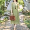 Vestido de Verano Original Entallado y Blanco con Smocks Algodón y Lino Literario Falda para Mujer para Ir al Trabajo