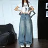 Calça jeans de cintura alta, perna larga, com cós azul claro estilo americano, estampa de fogos de artifício, design rasgado, nova calça mágica emagrecedora para mulheres, outono 2026