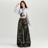 Ropa de Mujer de Seda Naranja # Camuflaje Chica Americana Sexy Cintura Alta Pierna Ancha Pantalones Casuales Nuevo Otoño Mujer High Street Slim Pantalones para Barrer el Piso